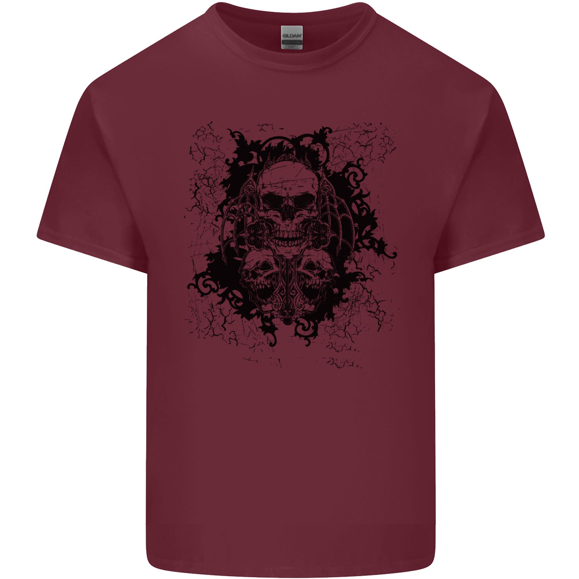 Three Skulls Demon Biker Gothic Tattoo Unisexs Light Cotton TShirt S
