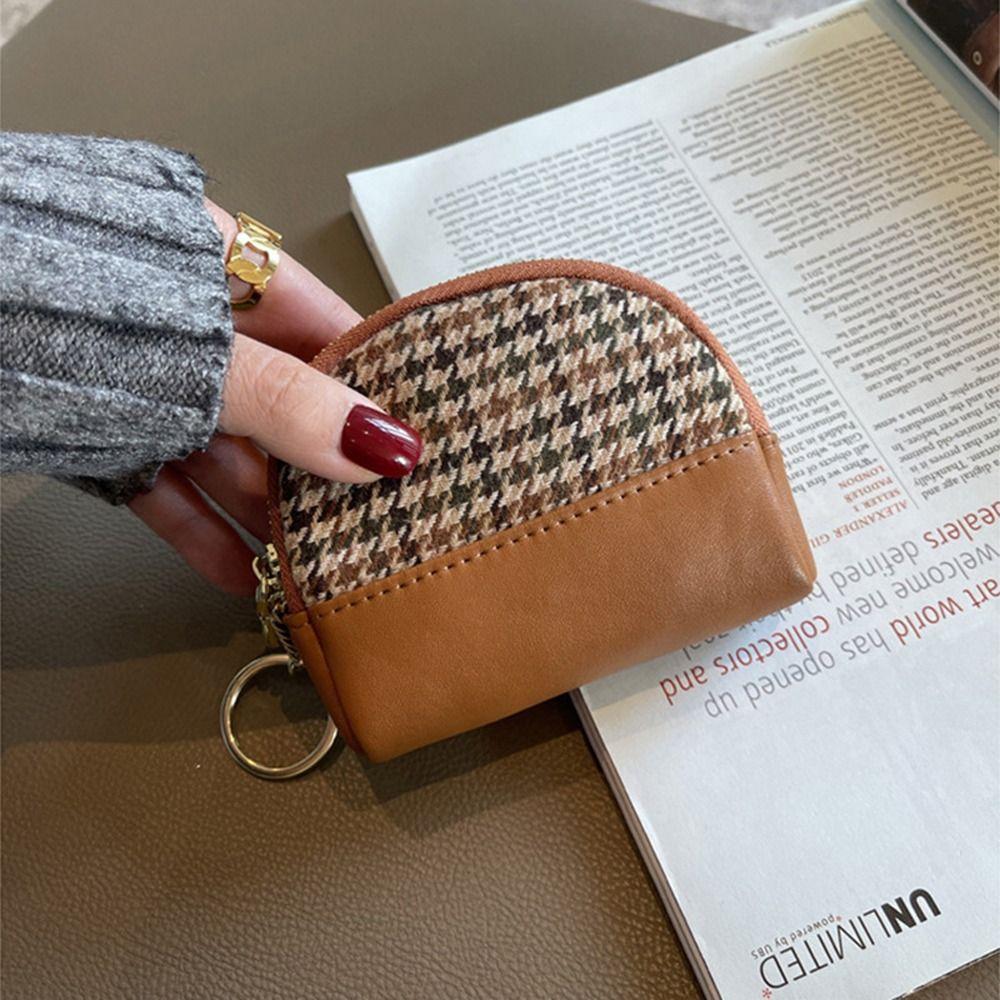 Layers Zipper Houndstooth with Key Chain Fabric Card Holders Wallet Leather Bag Women Coin Purse