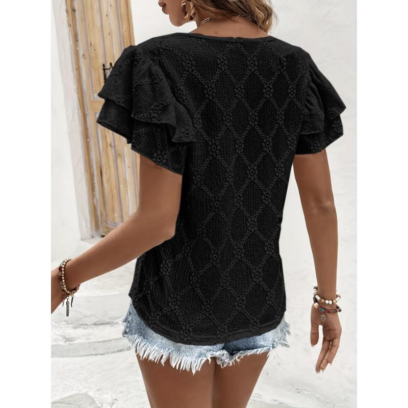 Summer Double-layer Ruffled Women Lace Blouse Casual Solid Color V-neck Shirts Sort Sleeve Loose Hollow Out Top Casual Sweet Fashion Elegant Clothing