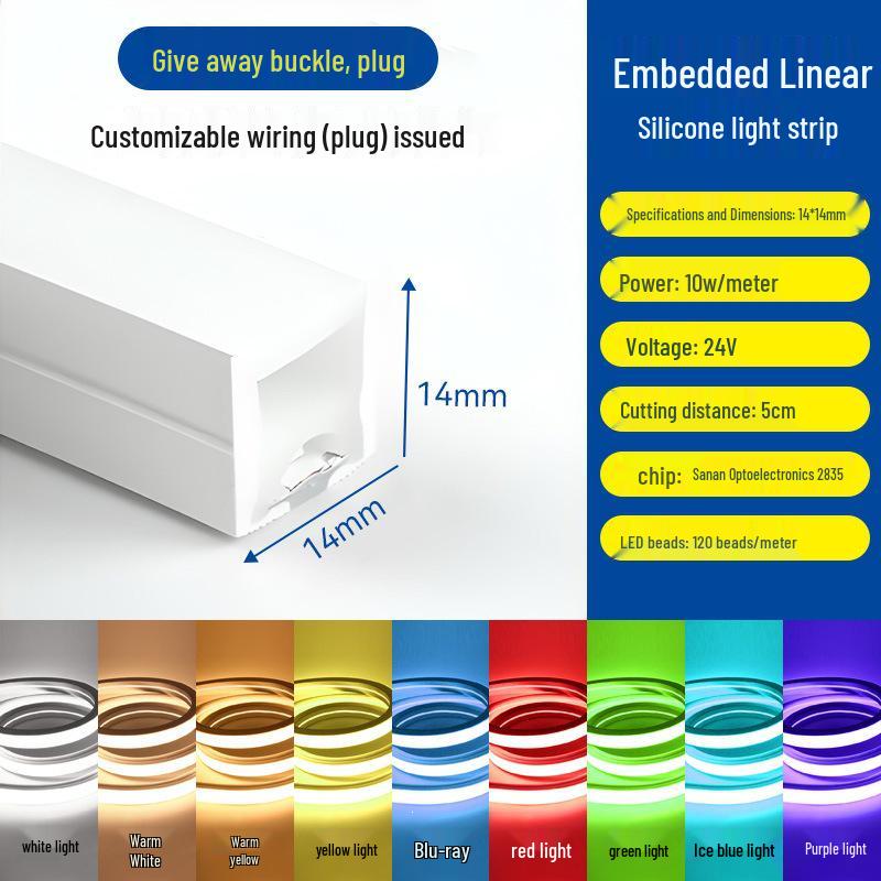 Dimmable Waterproof LED Silicone Strip, 12V-24V, 220V, Self-Adhesive, Embedded Linear Slot