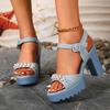 Moda Denim Niebieski Kobieta Kokarda Wysokie Obcasy Sandały Moda Gruba Platforma Damskie Buty Lato Seksowna Sukienka Imprezowa Odkryty Palec Sandalias De Mujer