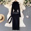 Women New Fashion Spring Autumn Stand Neck Slim Knit Sweater Dress Lace Up Bow Knot Long Sleeve Black Casual Knitwear