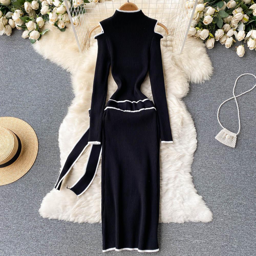 Women New Fashion Spring Autumn Stand Neck Slim Knit Sweater Dress Lace Up Bow Knot Long Sleeve Black Casual Knitwear