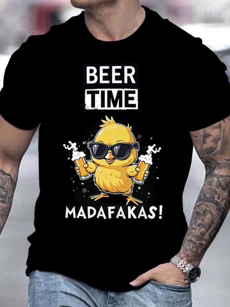 Funny men drinking chicken graphic t-shirt | black with white print and "beer time" slogan, casual round neck short sleeve summer t-shirt