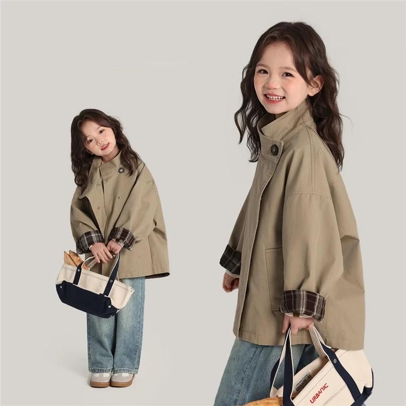 Dívčí trenčkotový styl Dětská jarní a podzimní ležérní retro středně dlouhá bunda 90-150 cm