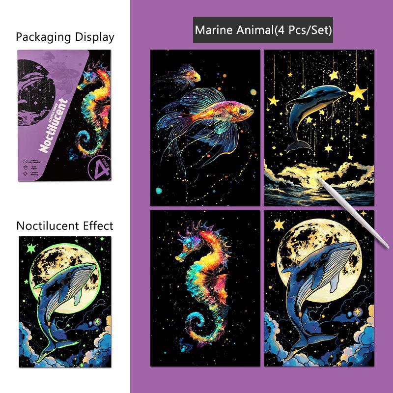 

4 Pcs/Set A5 Noctilucent Diy Scratch Painting Castle Lanscape Cute Animal Night View Manual Scratch Painting Drawing A5
