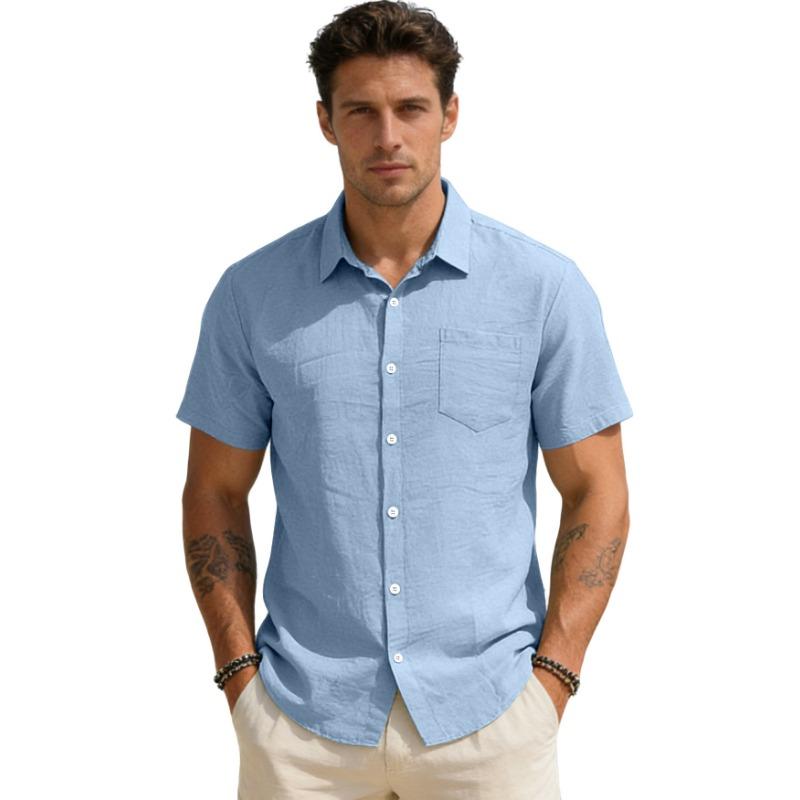 Mens Casual Solid Color Linen Blend Short Sleeve Button Up Shirt With Pocket