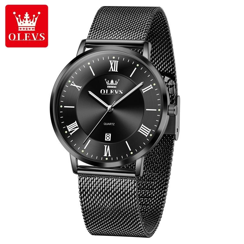 

OLEVS Мужские часы Минимализм Ультратонкие Оригинальные кварцевые наручные часы Водонепроницаемые Светящиеся сетчатые часы с календарем Подарки чёрный