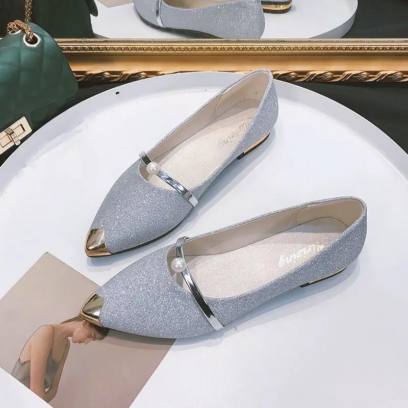 

Fashion Pointed Toe Ladies Footwear Low Heel Elegant Party Silver Pearl 2025 Trend High Quality Fashion Price Young Women s Flat Shoes 40