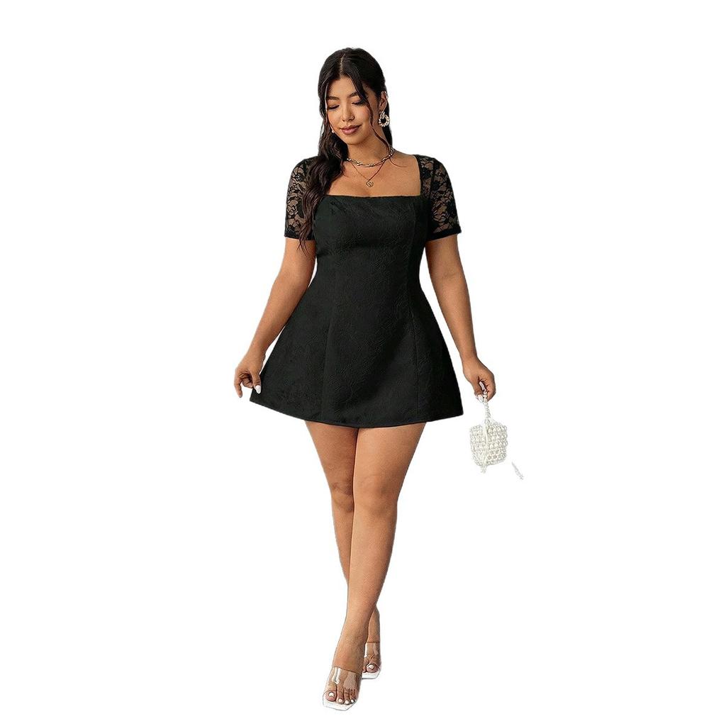 Plus Size French Square Neck Lace Dress Waist Fitted Slim Little Black Dress Sexy Backless Dress Fashion Elegant Comfortable Versatile Dress
