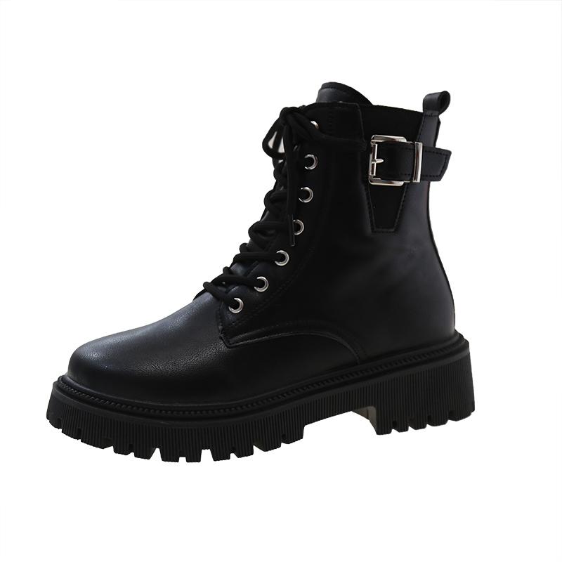 

Модные хлопковые ботинки до середины голени, зимние новинки, с круглым носком, шнуровкой спереди, боковой молнией, на платформе, нескользящие, износостойкие, на блочном каблуке 42 чёрный