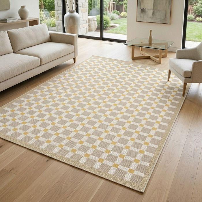 Tapis extérieur intérieur damier moderne jaune et beige 160x230