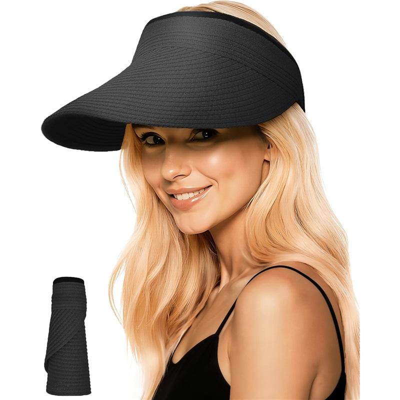 Fashion Sun Hats Visor for Women, Straw Beach Hat Adjustable Wide Brim Ponytail Packable for Summer Travel UPF 50