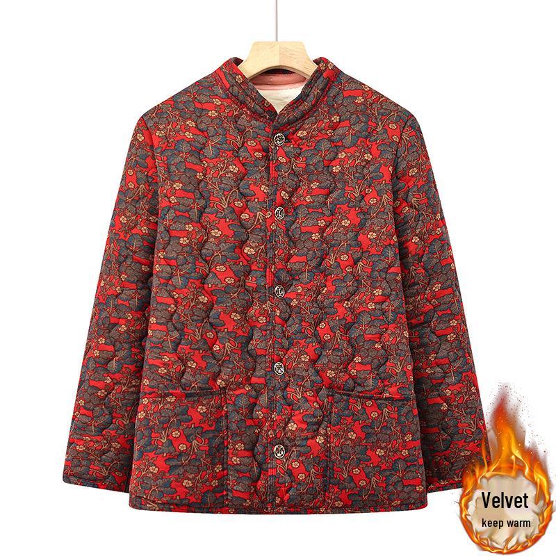 Floral Velvet-Lined Winter Cotton Jacket for Middle-Aged & Elderly
