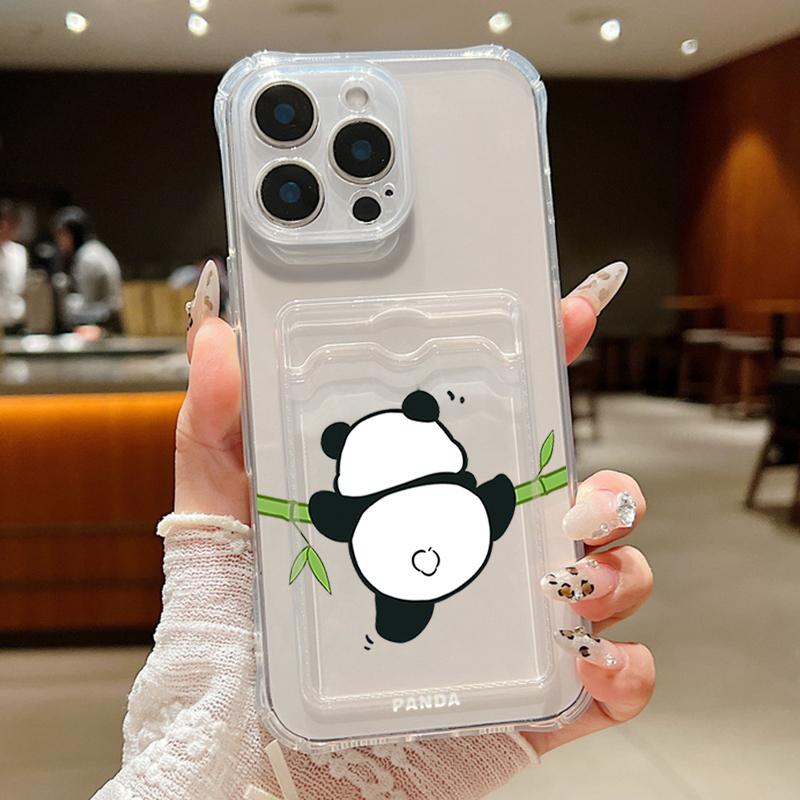 Card Slot Pocket Clear TPU Case For iPhone 17 16 Pro 17e 16e 15 14 13 12 Pro Max 11 Cartoon Panda Soft Silicone Phone Back Cover