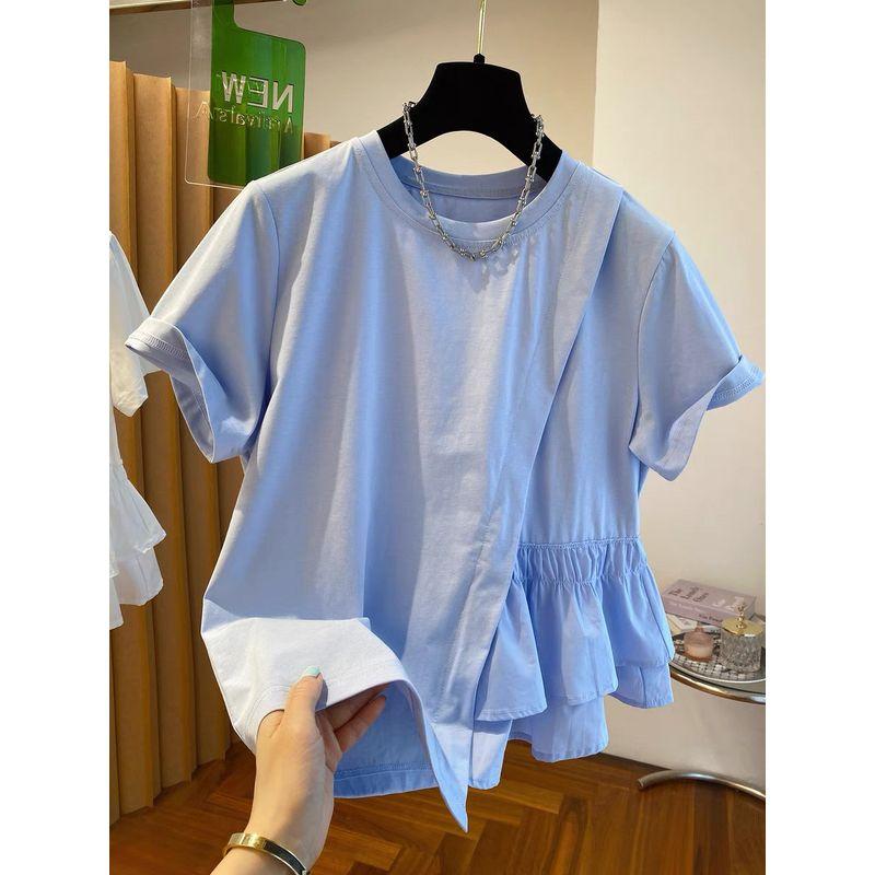 

Fat Sister Plus Size 150.00kg Stylish Niche Style Short-Sleeved T-shirt Female Summer Loose Unique Chic Belly-Covering Coat Blue 3XL (Recommended 95kg-125kg)