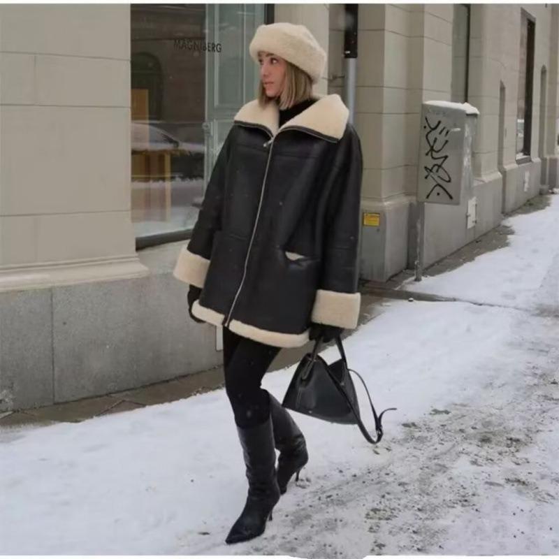 Winter Dames Kunstleer Lamsvacht Warme Jas Leren Jas