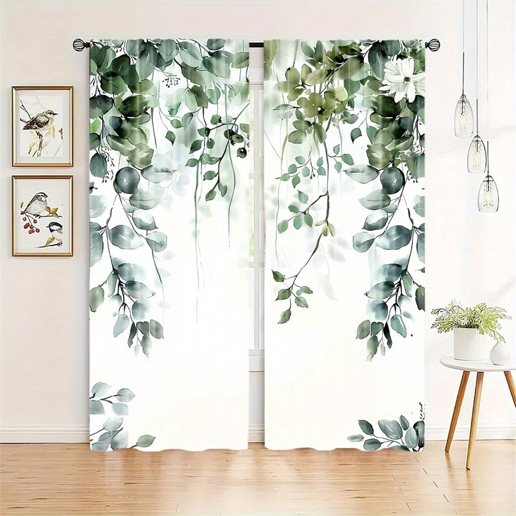 Nordic Fresh Green Leaves Print Curtains Modern Botanical Window Drapes 2 Panels Living Room Bedroom Curtains