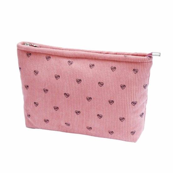 Corduroy Makeup Bag with Heart Pattern Portable Travel Cosmetic Bag Zipper Makeup Pouch Toiletry Organizer Purse for Women Girls