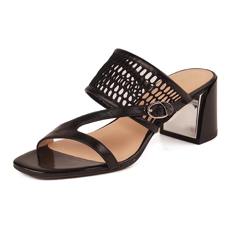 

Fashion Women s Temperament Square Sandals Summer New Round Head Net Cloth Metal Buckle Anti-slip Wear-resistant Slippers 40 чёрный