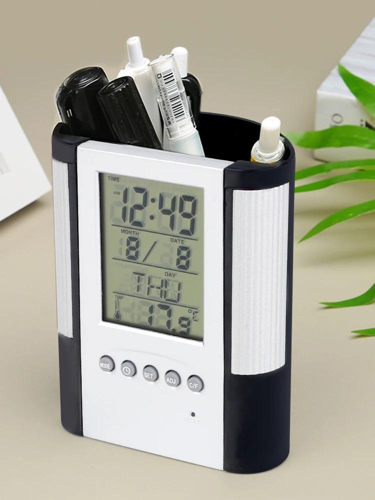 Portapenne con calendario perpetuo, base antiscivolo, visualizzazione data e ora, rilevamento temperatura, portapenne con orologio decorativo da tavolo