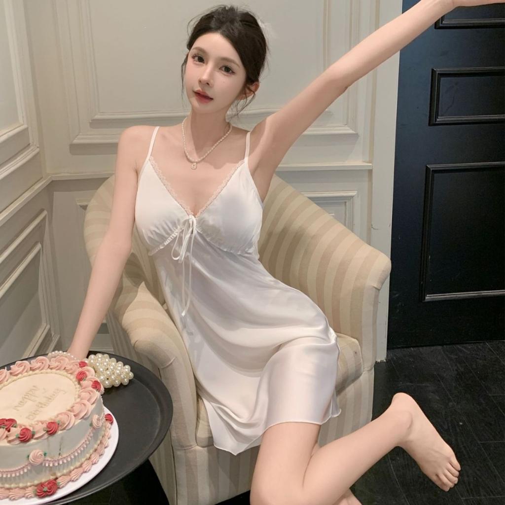 Suspender nightdress women's summer with chest pad ice silk sexy women's loungewear high-end simulation silk pajamas skirt women
