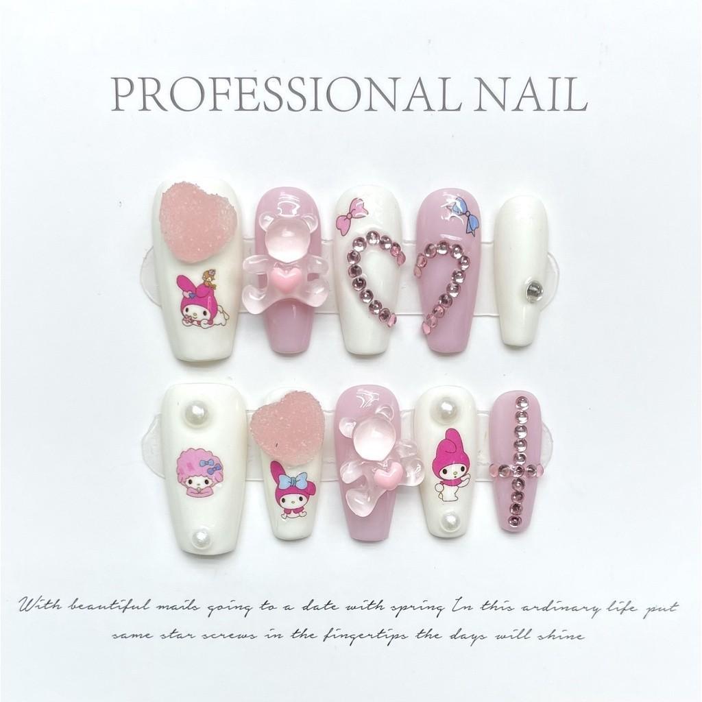 100% HANDMADE Long Coffin Shape Fake Nail Set with Glue Melody Girly Heart Pink Sugar Love Contrast Color Press On Nails Acrylic Reusable Fake Nails