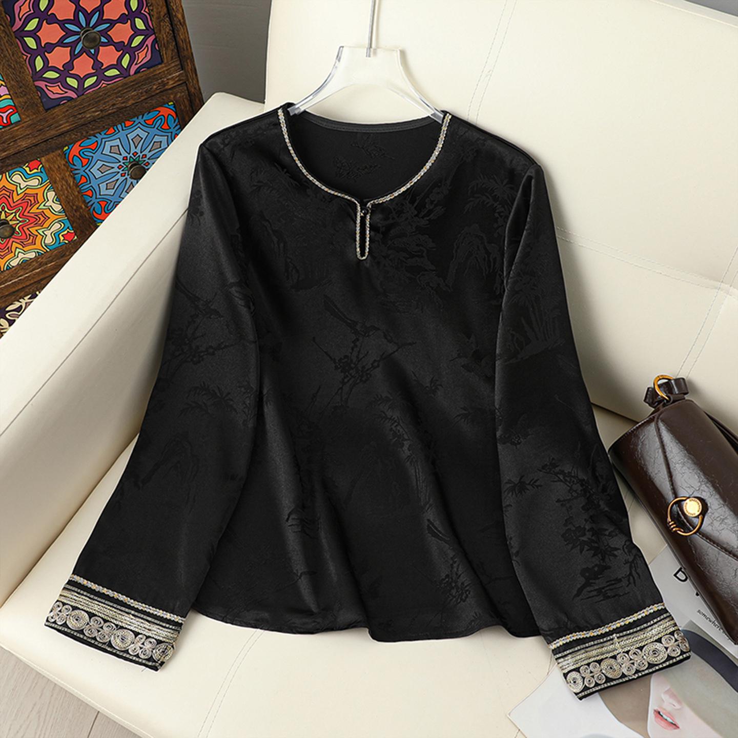 

Women s Long-Sleeve Acetate Satin Shirt with Retro Embroidery and Silk Jacquard - Chinese National Style, Spring/Autumn Top XL чорний