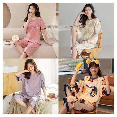 Damen Sommer Frühling Zweiteilige Sets Pyjamas O-Ausschnitt Kurzarm Hose-7 Homewear Mädchen Große Größe Dünn Druck Cartoon Weich Süß