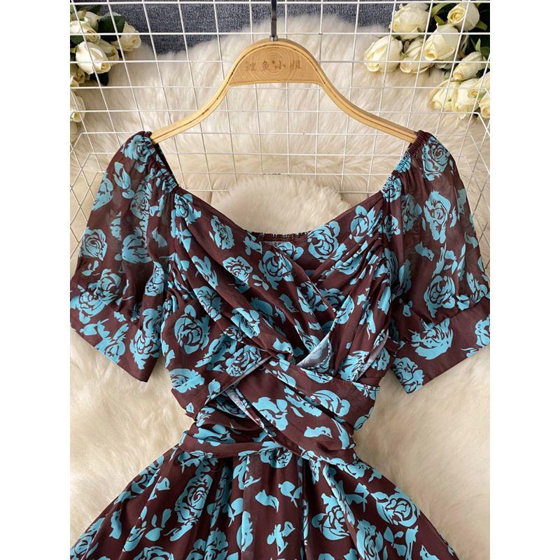 Tea Break French Style Fancy Floral Dress Women's Summer Stylish Waist-Tight Seaside Vacation Style Fairy Long Skirt