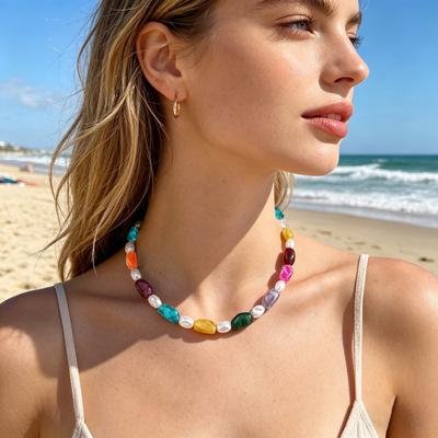 Colorful Chunky Beaded Necklace for Women Resin Beads Short Necklace Bohemian Style Chunky Choker for Summer Beach Holiday Party Vacation