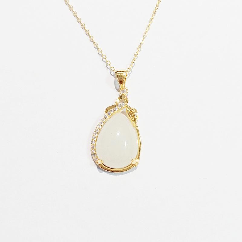 Water Drop Shaped Imitation Hetian Jade Pendant Women'S White Chalcedony Necklace Electroplating