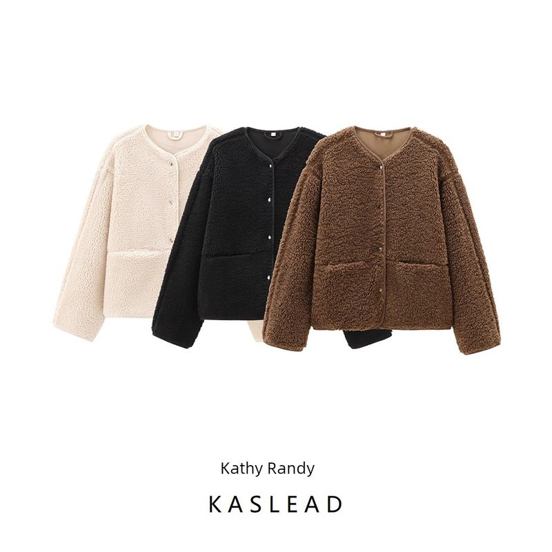 Kaslead New Arrival Women's Clothing Fashion Style Fashion round Neck Pure Color Comfort Teddy Plush Jacket 1228915