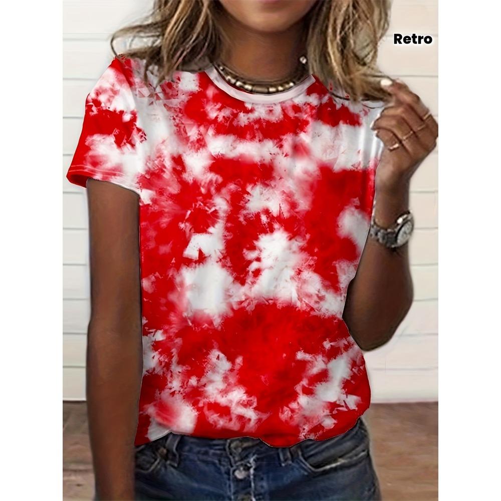 Women s red tie-dye printed T-shirt - loose fit short-sleeved 3D round neck retro summer top, XXS