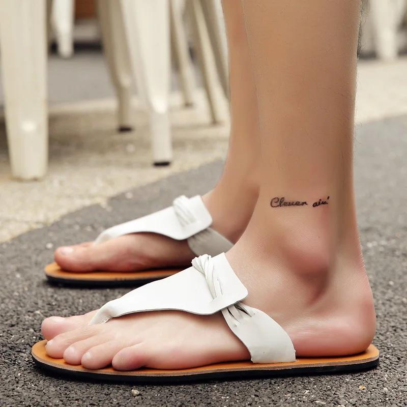 Outdoor Beach Shoes Men Flip Flops Fashion Breathable Summer Light Genuine Leather Casual Shoes Slides Black Sandal Men White