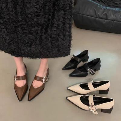 Retro spitze Mary Jane kleine Lederschuhe Damen Frühling und Herbst neu dicker Absatz mittlerer Absatz Liebe Einzel-Schuhe