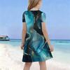Girls Round Neck Short Sleeve Black Blue Floral Tree Printed A Line Flared Dress