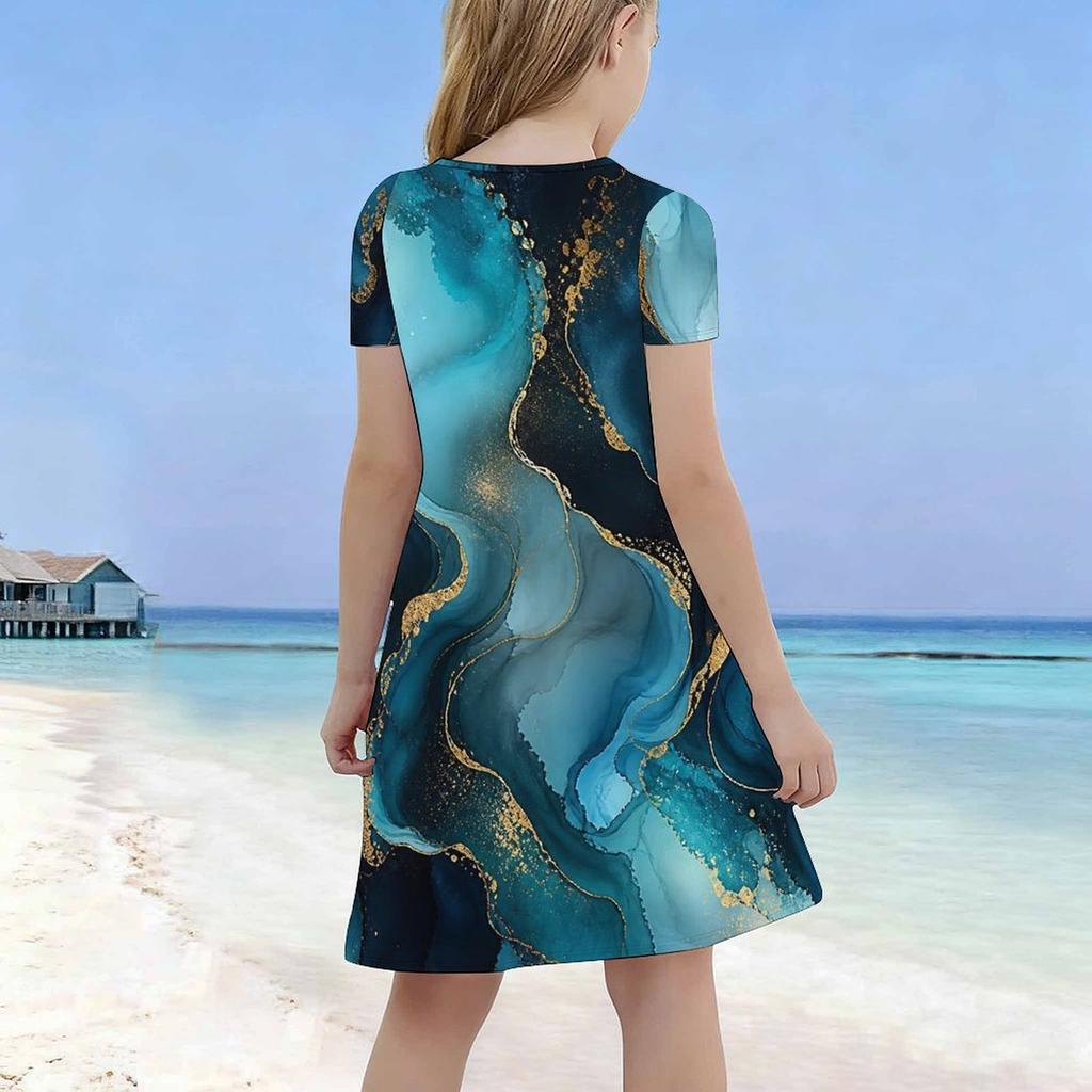 Girls Round Neck Short Sleeve Black Blue Floral Tree Printed A Line Flared Dress
