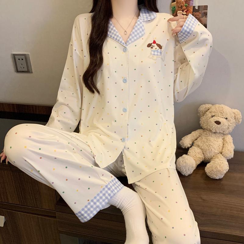 Imitation cotton ins style bow pajamas women's spring new fashion lazy long-sleeved loungewear two-piece set