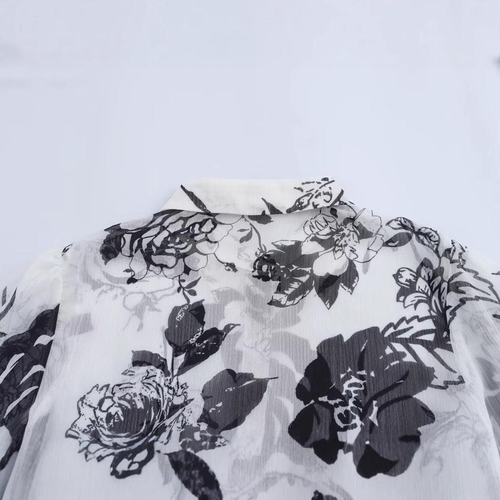 2025 Spring Women's European & American Style Ruffle Trim Printed Chiffon Long Sleeve Shirt