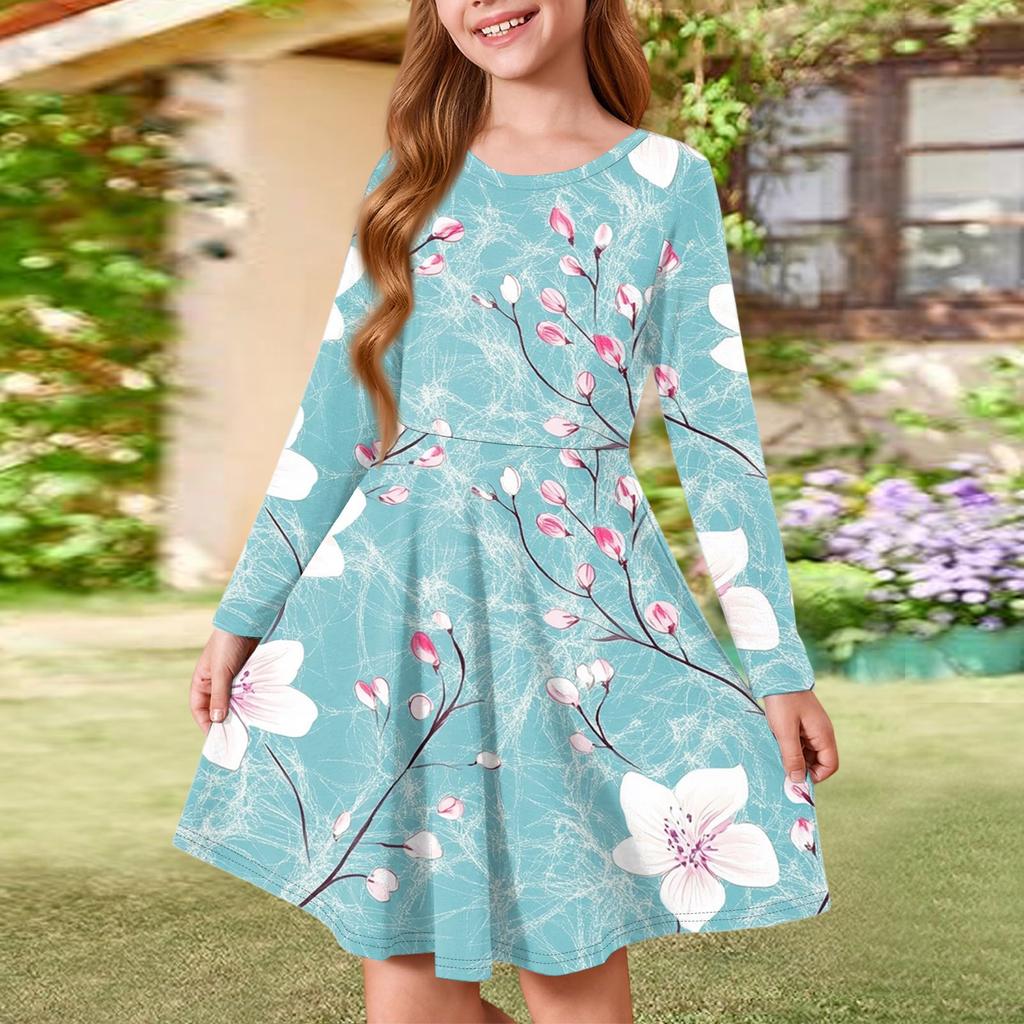 Girls' Summer Princess Dress - Long Sleeve A-Line T-Shirt Dress