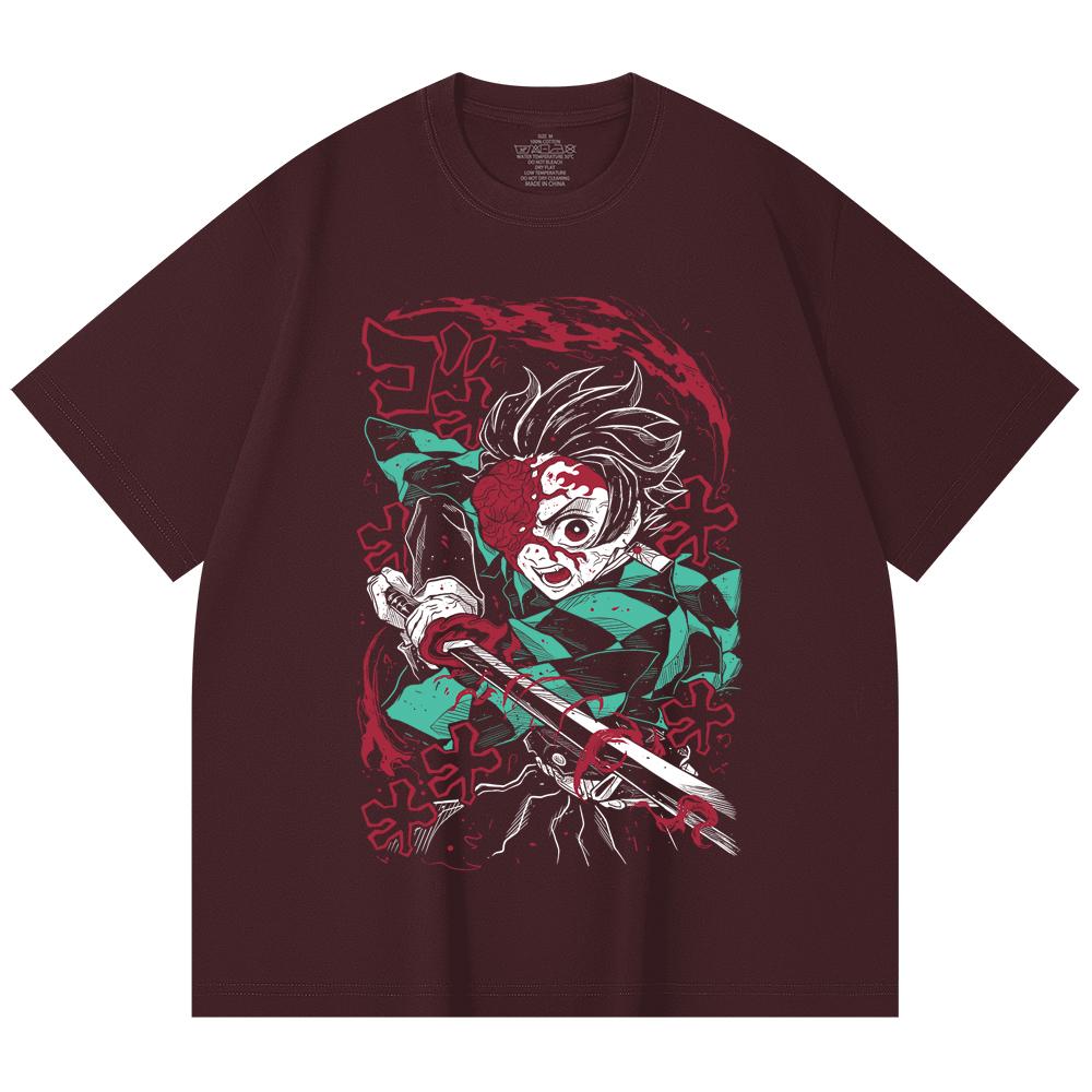 230 Gsm 100% Cotton Demon Slayer V41 Demon Tanjiro Print Unisex Heavy Cotton T Shirt
