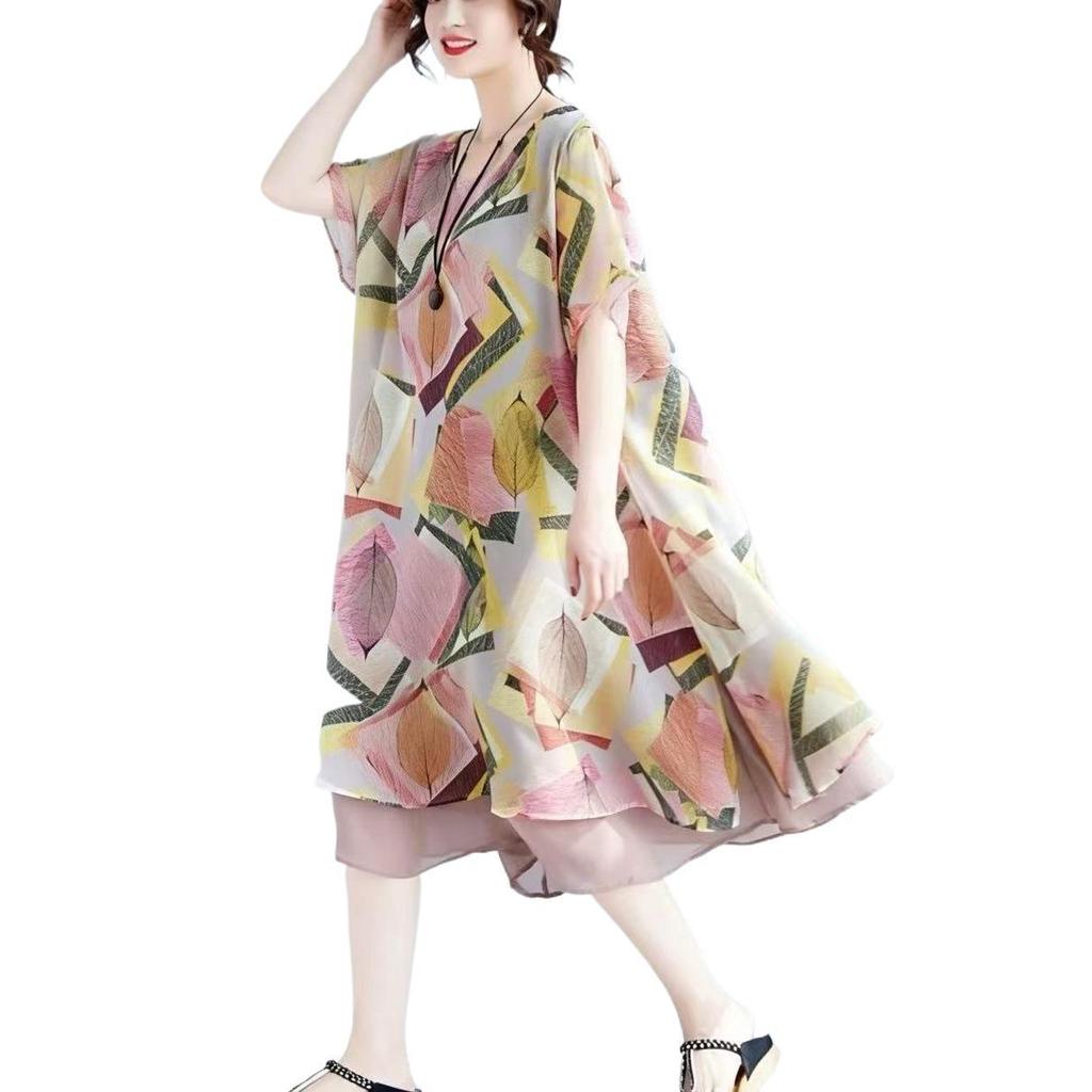 Plus Size Chiffon Color Block Round Neck Dress for Women