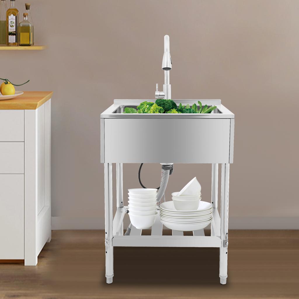 Kitchen Single Bowl Sink Stainless Steel Freestanding Adjustable Temperature Sinks w/Faucet&Drain Pipe for Restaurants