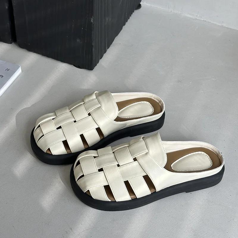 Casual Half Slippers Women Shoes Summer Indoor Outside Wear 2026 New Retro Weaving Hollow Thick Bottom Roman Slides Mules