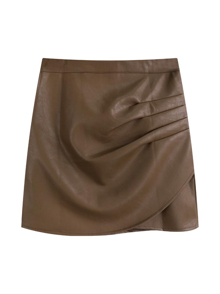 Autumn Women's High Waist Pleated A-Line Black Mini Leather Skirt - Plus Size Bodycon with Anti-Exposure Design