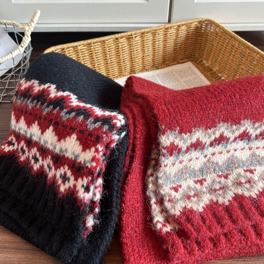 Wool Jacquard Knitted Scarf Plush Fair Isle Style Shawl Winter Cashmere Scarves Autumn Winter