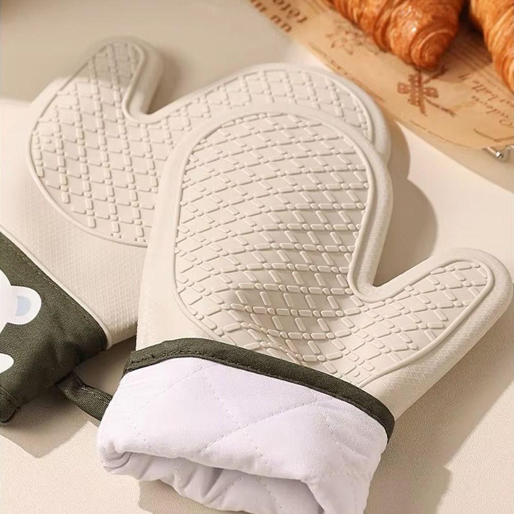 2pcs Thickened Silicone Heat Insulation Gloves Heat Resistant Cotton Oven Gloves Non-Slip Kitchen Hand Clamps Kitchen