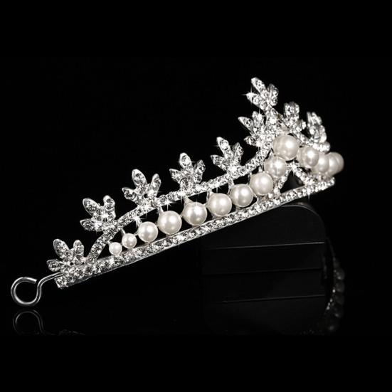 Women Tiaras Shining Exquisite Craft Alloy Faux Pearl Leaves Rhinestone Crown Hair Accessories