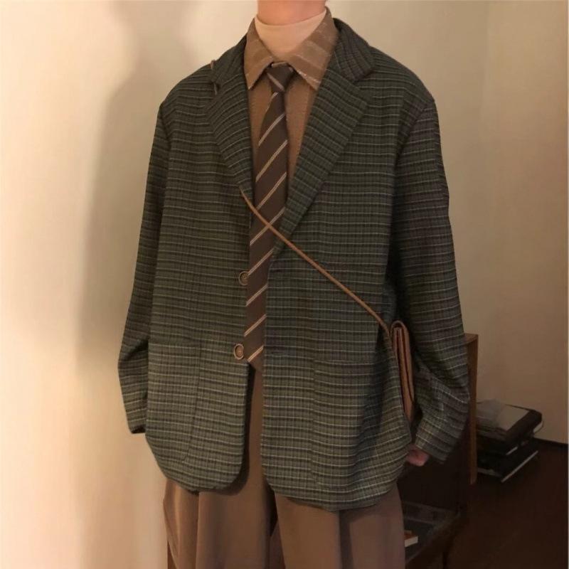 

Unisex Japanese Retro Plaid Suit Jacket - Casual Spring/Autumn Vintage Style Double Extra Large зелёный